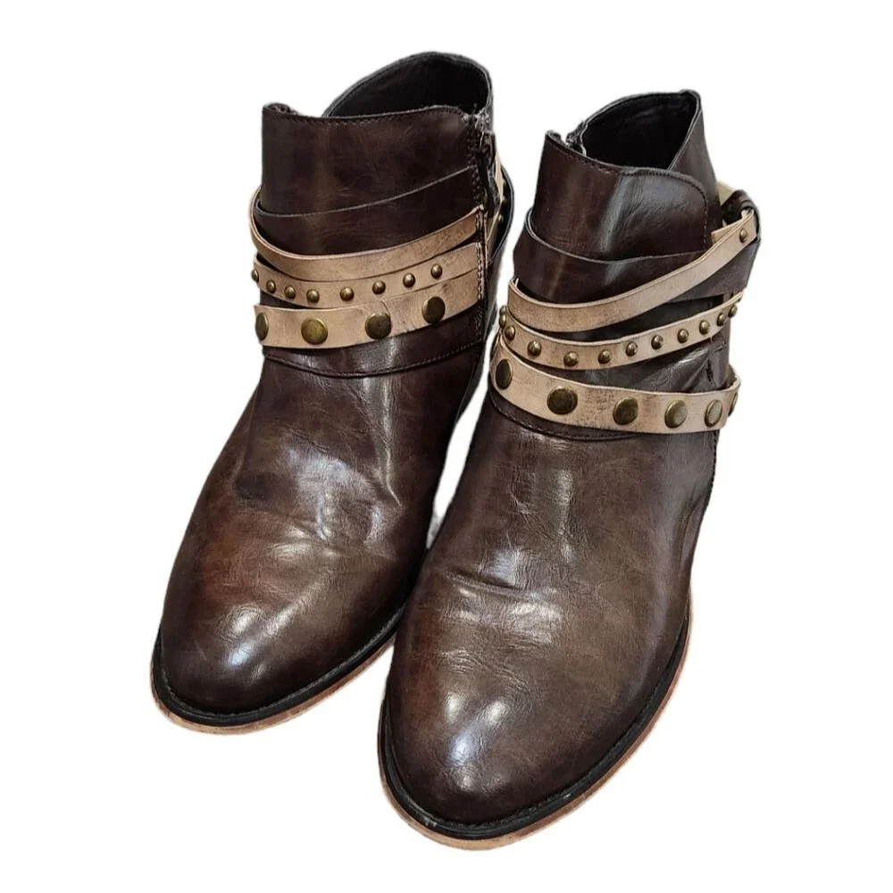 Wanted Western Inspired low heel ankle boots With Wraparound Studded Straps Sz 8